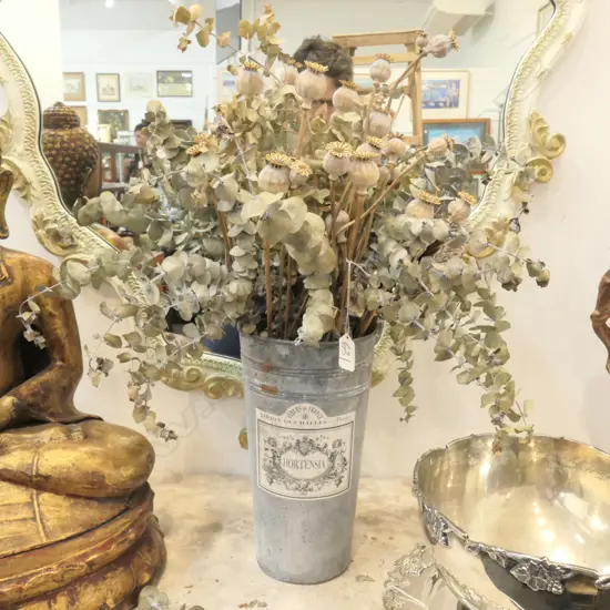 ANTIQUE FRENCH TIN VASE & DRY FLOWERS 