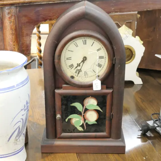 19THC BEEHIVE CLOCK WITH FRUIT DECORATION TO THE GLASS DOOR  H 490 MM