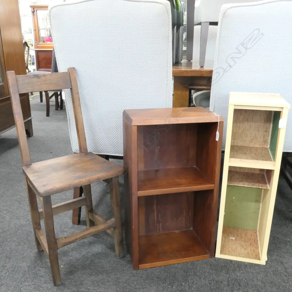 ANTIQUE WOODEN CHILD'S CHAIR (H. 750MM),SMALL WOODEN BOOK CASE & DOLL'S HOUSE SHELL Image 1++