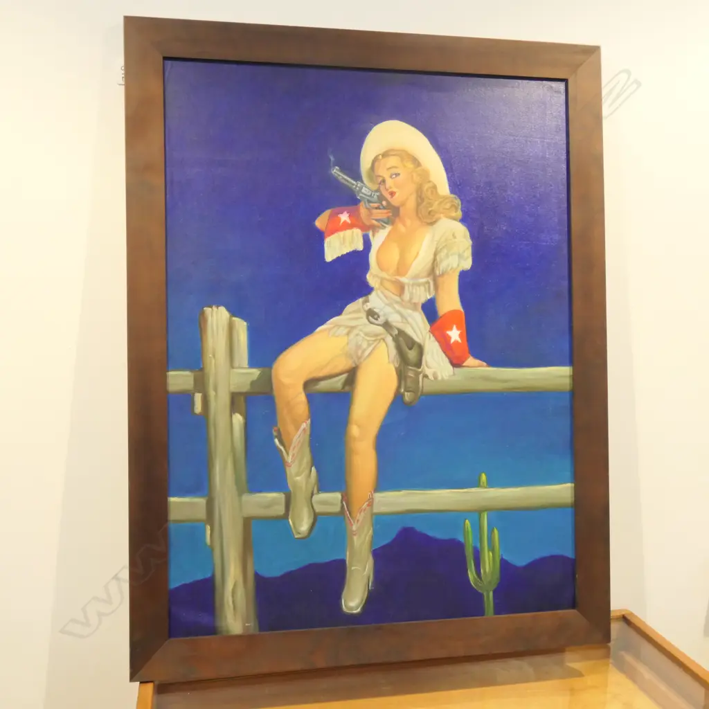 OIL TEXAS COW GIRL PIN UP 890MM H 690MM W Image 1++