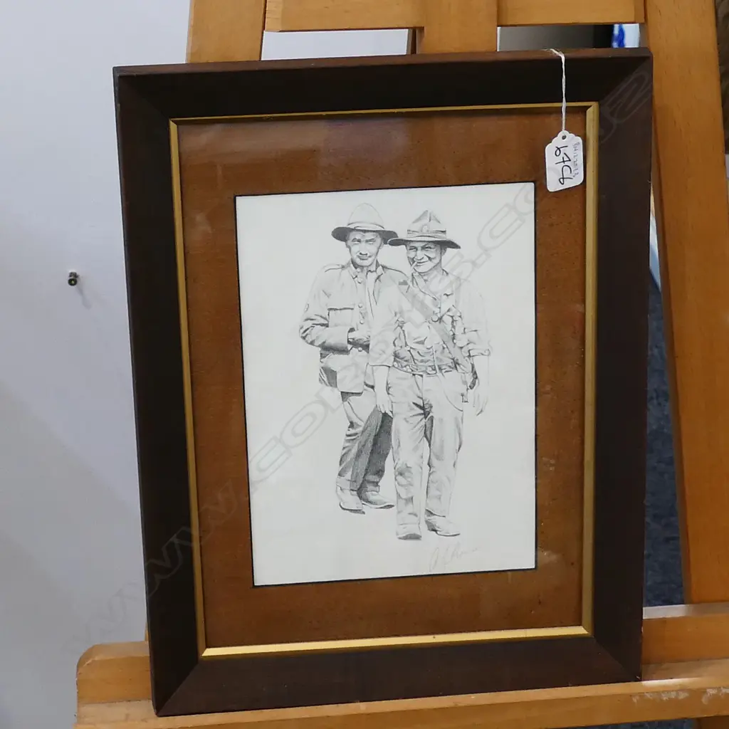 A.J. MORRIS (?) PENCIL DRAWING, WWII, PORTRAIT OF TWO DIGGERS Image 1++