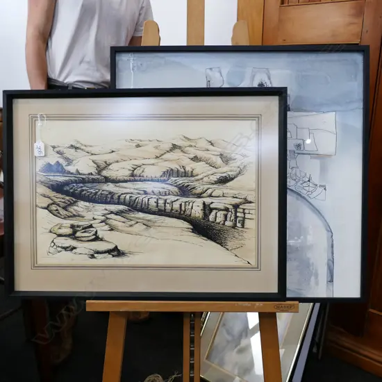 2X INK ARTWORKS ON PAPER SIGNED 600MM X 600MM