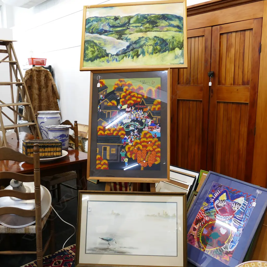 3 LARGE ARTWORKS  -OIL BY WENDY LEACH/WATERCOLOUR BY G.T. CURLE & AN ACRYLIC Image 1++