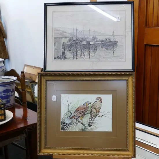 JARIUS W/C OF KESTRELS, GILT FRAMED + BOAT PRINT. W. 620MM