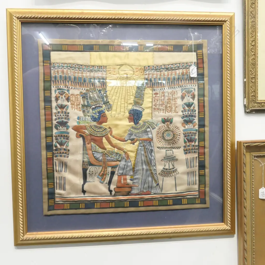 FRAMED EGYPTIAN SCENE ON CLOTH 710 X 710 MM Image 1++