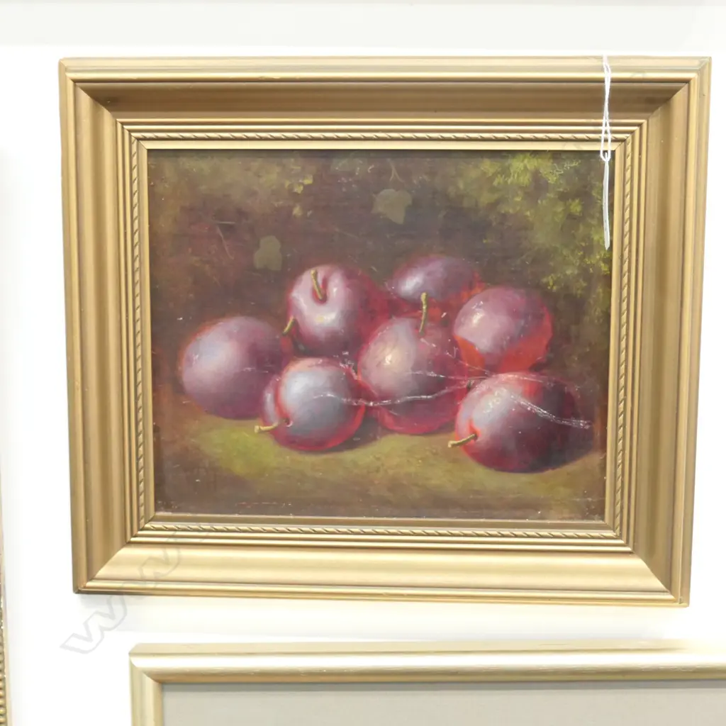  W.HUNT, OIL ON BOARD, STILL LIFE  - PLUMS. SURFACE DISTRESSED Image 1++