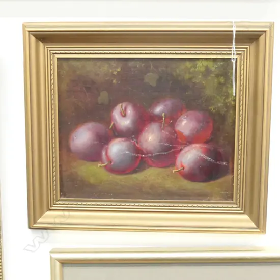  W.HUNT, OIL ON BOARD, STILL LIFE  - PLUMS. SURFACE DISTRESSED