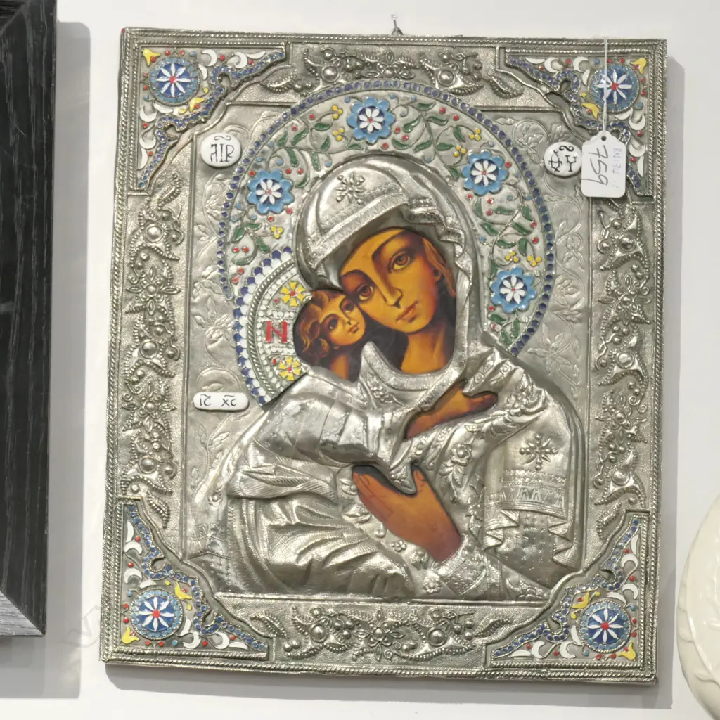 RUSSIAN ICON MOTHER OF GOD, WITH METAL OWLAD HIGHLIGHTED WITH ENAMELS. 355 x 300mm Image 1++