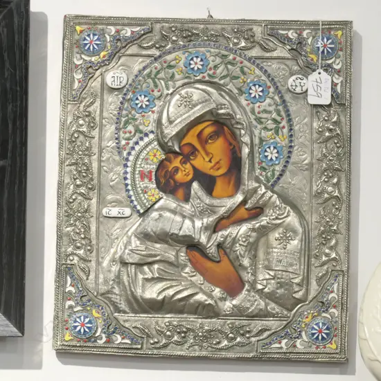RUSSIAN ICON MOTHER OF GOD, WITH METAL OWLAD HIGHLIGHTED WITH ENAMELS. 355 x 300mm