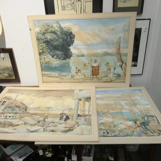 TRIPTYCH WATERCOLOUR AUCKLAND PAST/PRESENT/FUTURE JULIA FORBES 1976