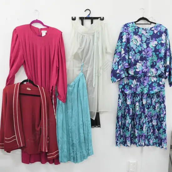 2 VINTAGE DAY DRESSES; 1 CARDY; 1 SILK SKIRT; & 2 OTHERS