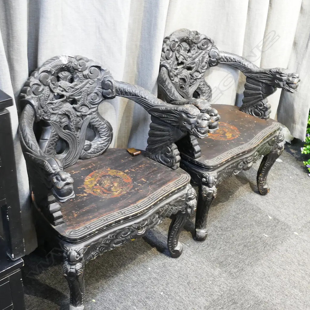 PAIR CHINESE CARVED WOODEN CHAIRS Image 1++