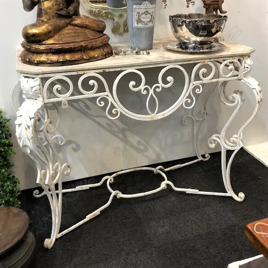 FRENCH WROUGHT IRON CONSOLE TABLE  COMPOSITE STONE