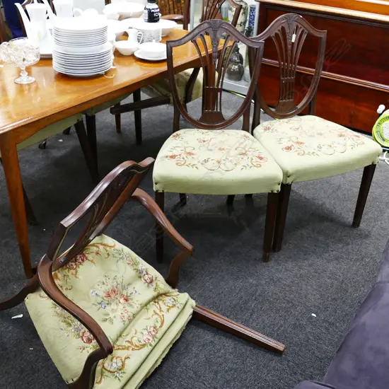 6 HEPPLEWHITE STYLE DINING CHAIRS WITH 2 CARVERS MANY NEEDING REPAIR TO FRONT LEGS