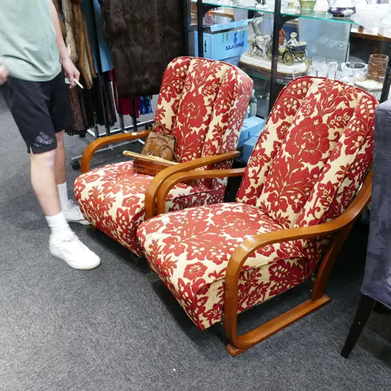 PAIR OF ART DECO ARMCHAIRS TIDY UPHOLSTERY