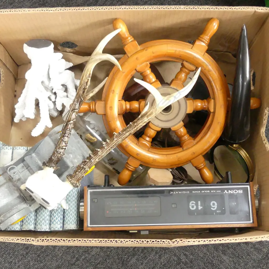 BOX LOT ASST. DECOR ITEMS, CLOCK, CAR, SHIPS WHEEL, FAUX CORAL ETC Image 1++