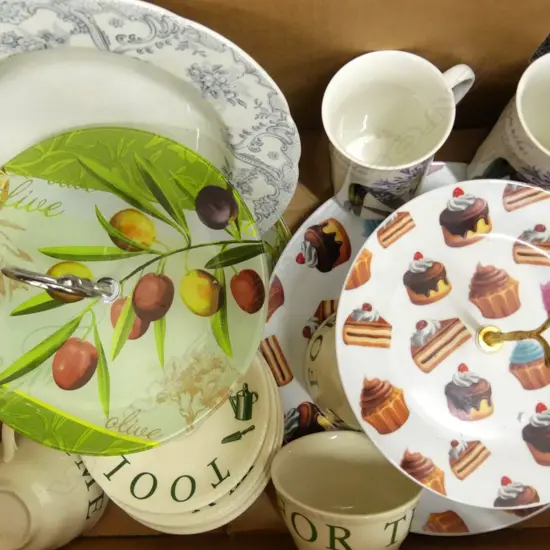 BOX LOT ASST. CHINA, CAKE STANDS ETC
