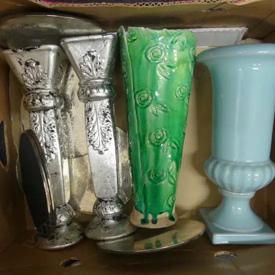 BOX LOT 2 VASES, 2 CANDLEHOLDERS ETC
