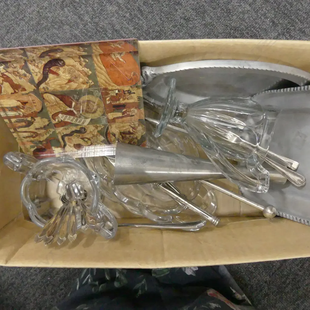 BOX LOT PRESSED GLASS, PEWTER, EP ETC Image 1++