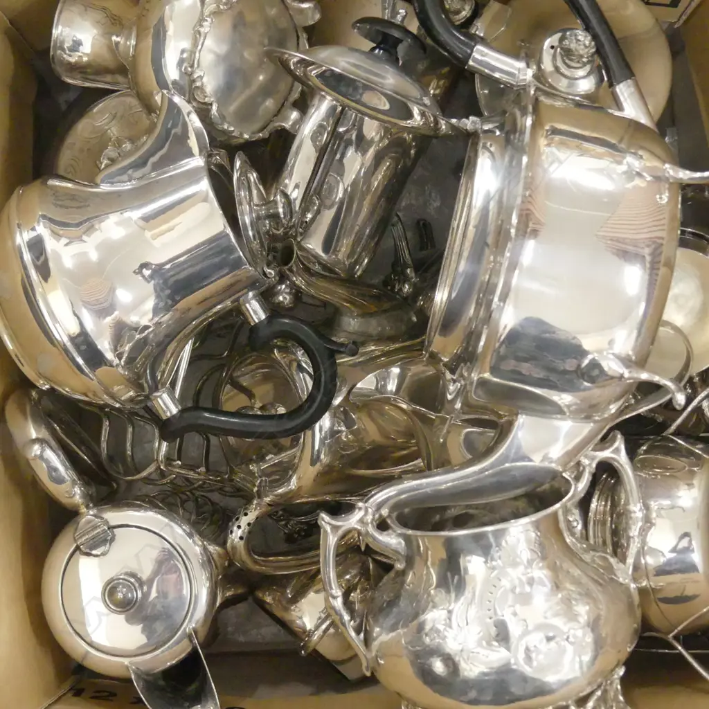 LARGE BOX LOT EP, TEAPOTS, SUGARS, JUGS ETC Image 1++