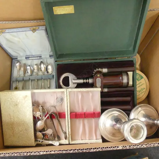 LOT ASST INCL. EP CANDLESTICKS / SOUVENIR SPOONS (SOME STERLING) ETC