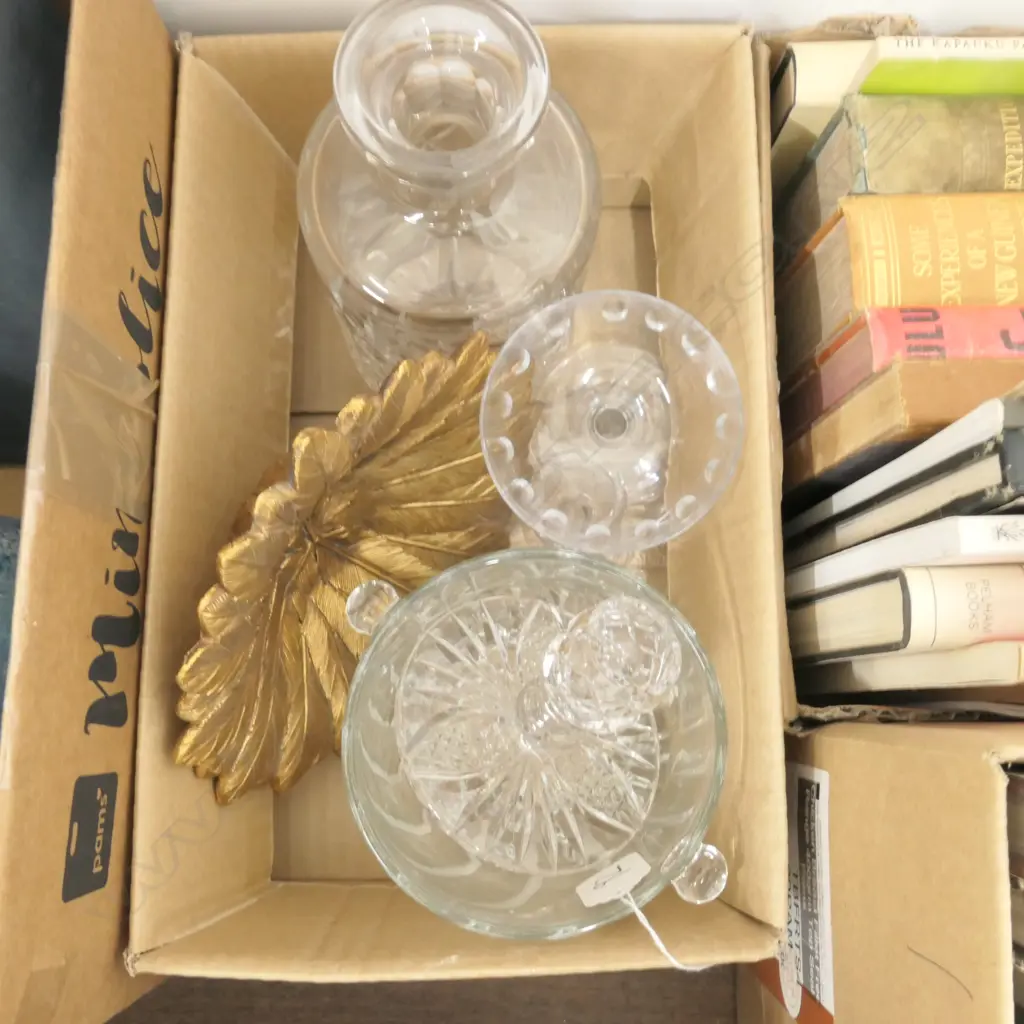 BOX LOT DECANTER, ICE BUCKET, PAIR CANDLESTICKS ETC Image 1++
