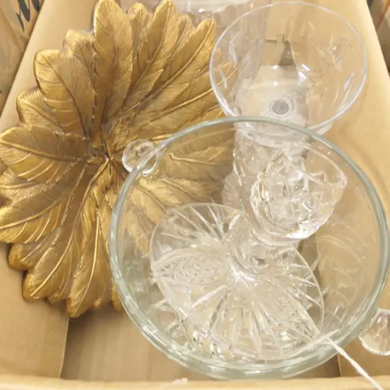 BOX LOT DECANTER, ICE BUCKET, PAIR CANDLESTICKS ETC