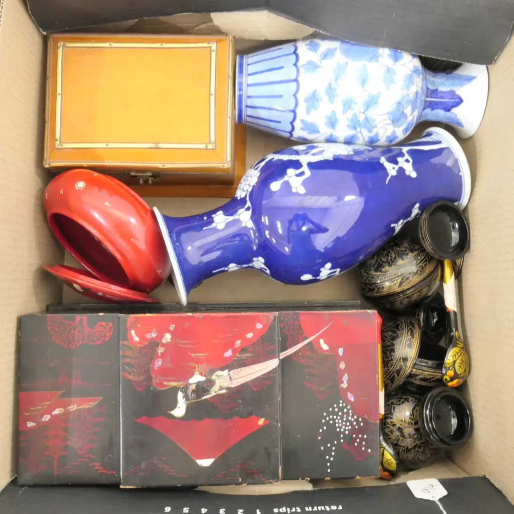 BOX LOT MUSICAL JEWELRY BOX, ASIAN VASES ETC Image 1++