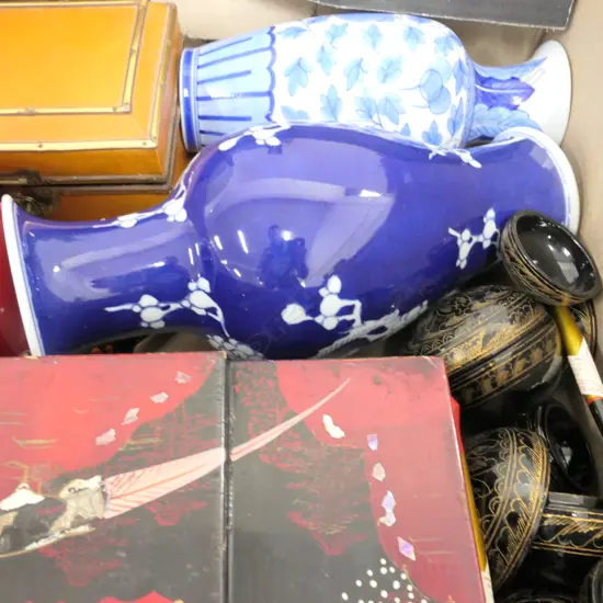 BOX LOT MUSICAL JEWELRY BOX, ASIAN VASES ETC