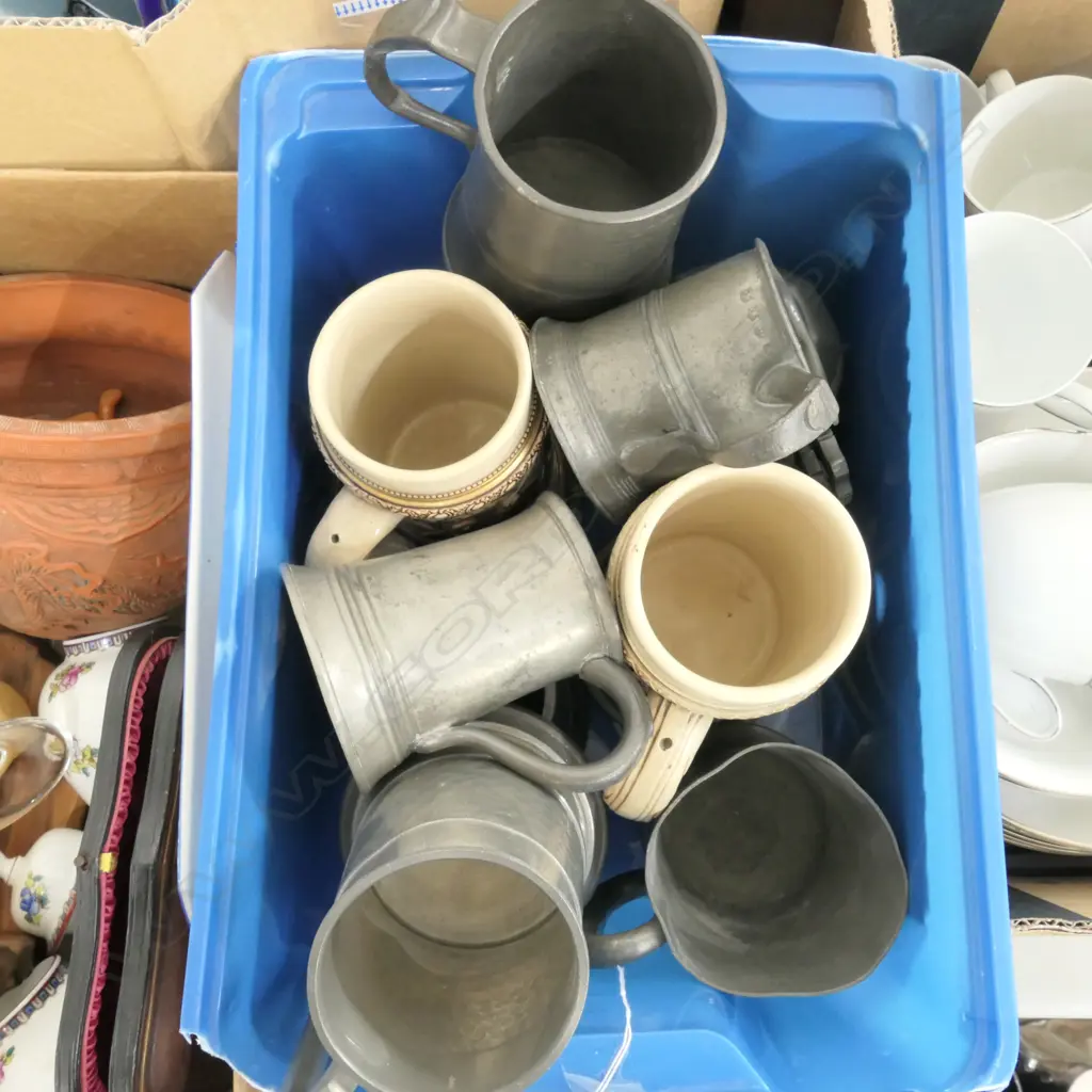 BOX 5 PEWTER TANKARDS & 4 OTHERS 19THC ETC Image 1++