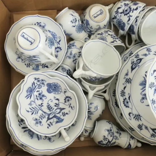 BOX LOT 44 PCE 'BLUE DANUBE' INCL. 5 PLATES, 8 SAUCERS, 10 CUPS, 4 BOWLS, 4 SHAKERS, SUGAR, STAND ETC