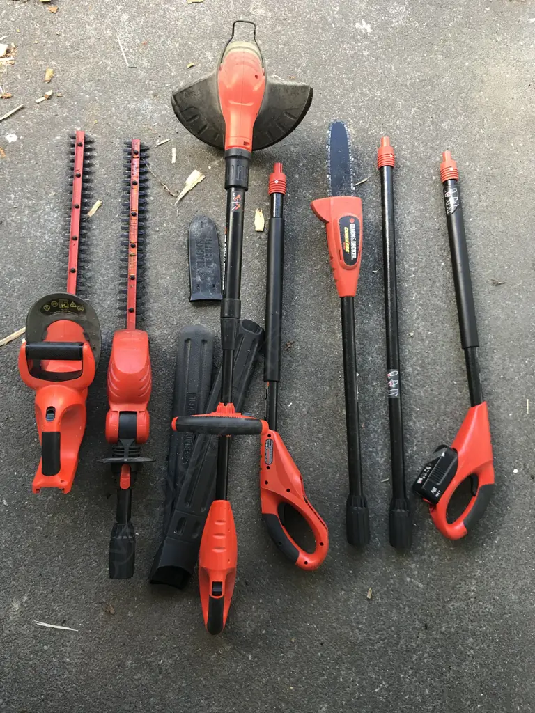 B&D HEDGE TRIMMER, POLE HEDGE TRIMMER, POLE CHAIN SAW, WEEDEATER, 2 HANDSETS, POLE EXTN, 2 CHARGERS, 6 BATTERIES Image 1++