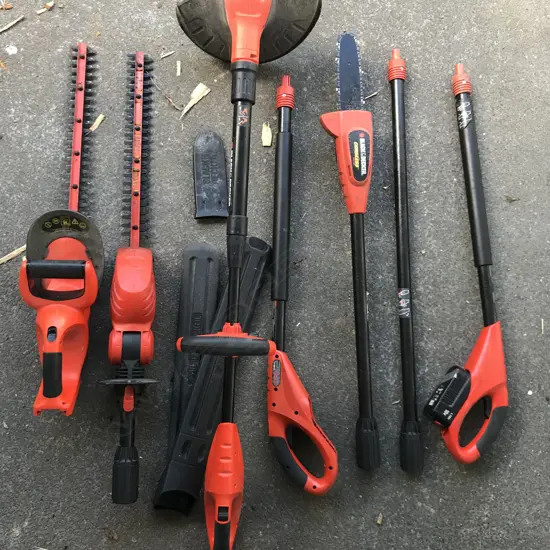 B&D HEDGE TRIMMER, POLE HEDGE TRIMMER, POLE CHAIN SAW, WEEDEATER, 2 HANDSETS, POLE EXTN, 2 CHARGERS, 6 BATTERIES