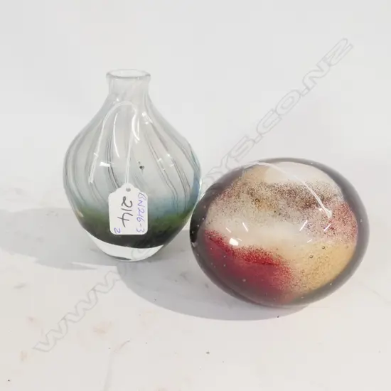 2 ART GLASS PIECES: PAPERWEIGHT CAVE DRAWING + VASE