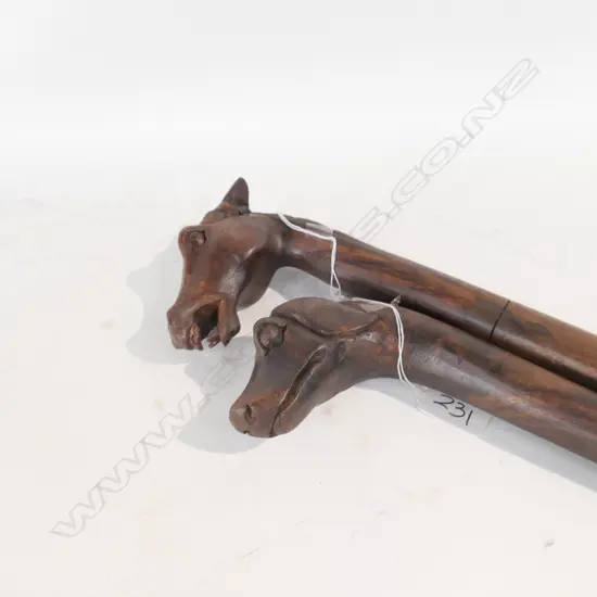2 CARVED HANDLE WALKING STICKS: DOG & HORSE
