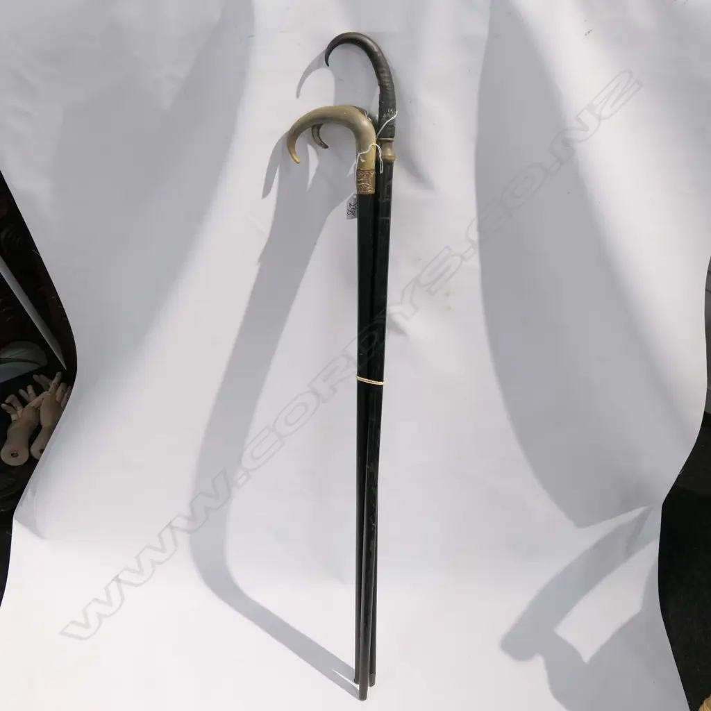3 C1900 HORN HANDLED WALKING STICKS BLACK LACQUER Image 1++