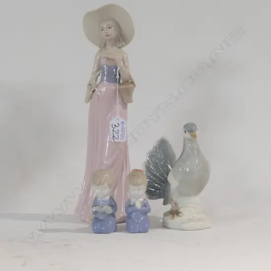 4 FIGURINES; PR PRAYING CHILDREN, DOVE, LADY AF