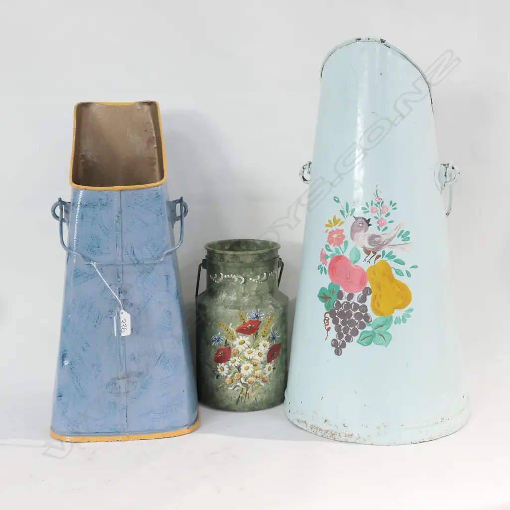 TWO FRENCH PAINTED COAL SCUTTLES & CREAM CAN Image 1++