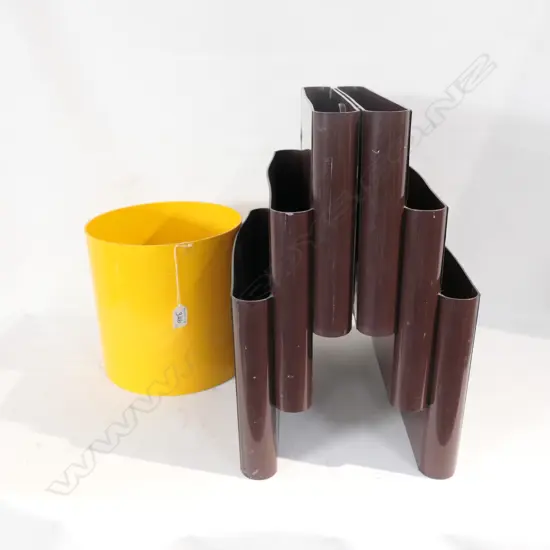 MAROON KARTELL MAGAZINE RACK AND YELLOW WASTEPAPER BIN