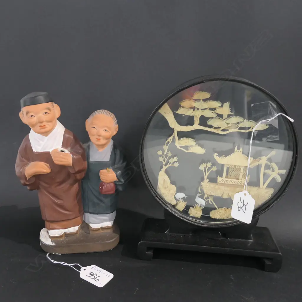 CHINESE CORK CARVING AND A FIGURINE Image 1++