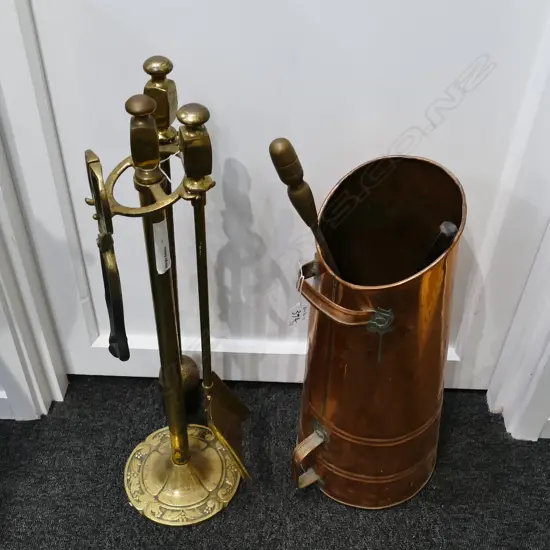 COAL SCUTTLE + BRASS FIRESIDE SET