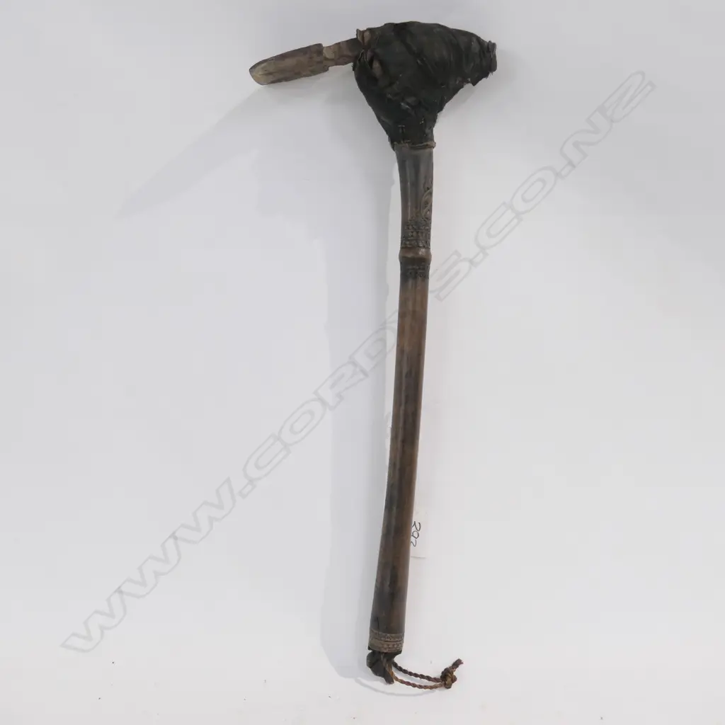 2 BARK QUIVERS, ONE w LID, CONTAINING A STEEL BLADED ADZE & MELANESIAN SPEAR HEADED CLUB Image 1++