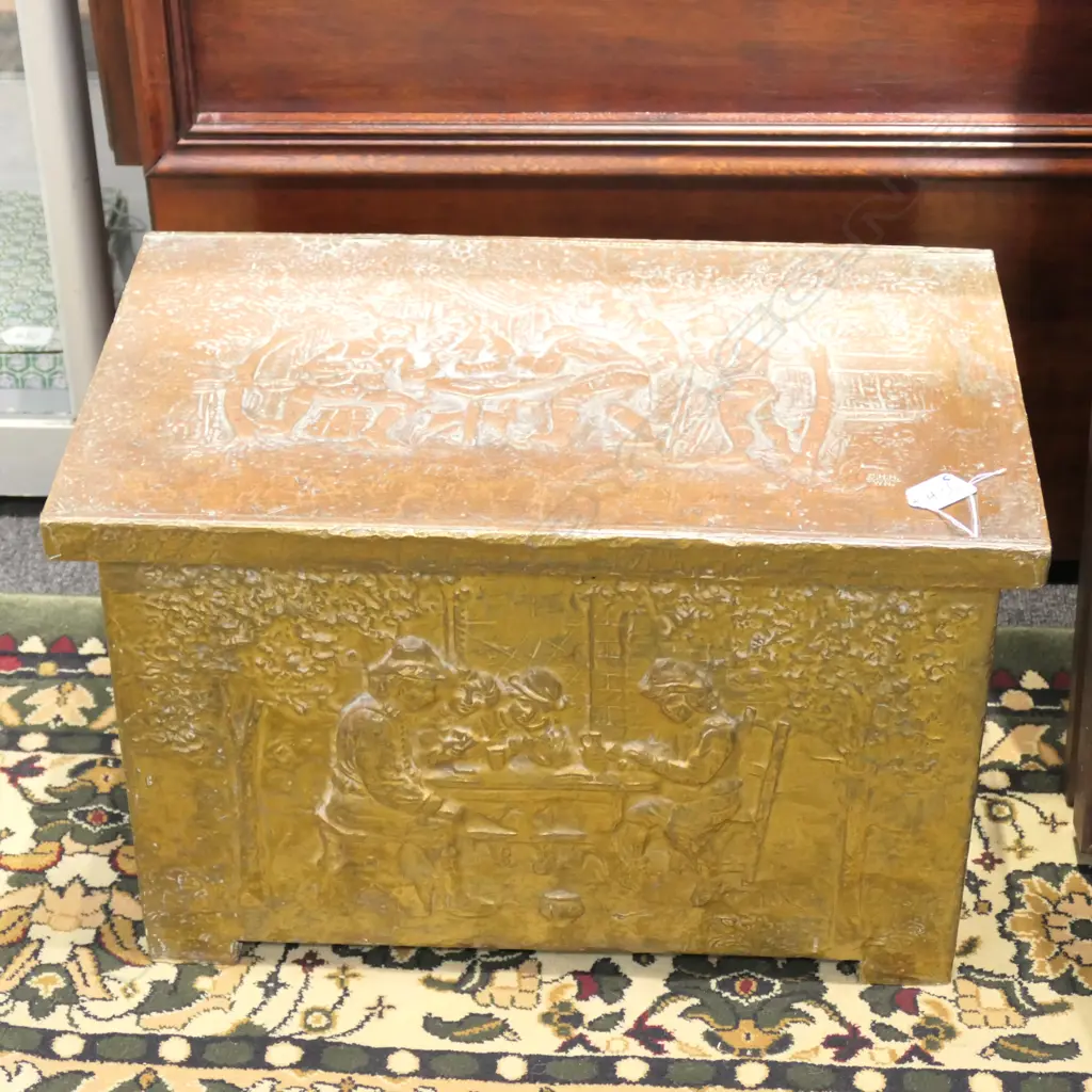 BRASS SHEATHED WOODBOX EMBOSSED w TAVERN SCENES  Image 1++