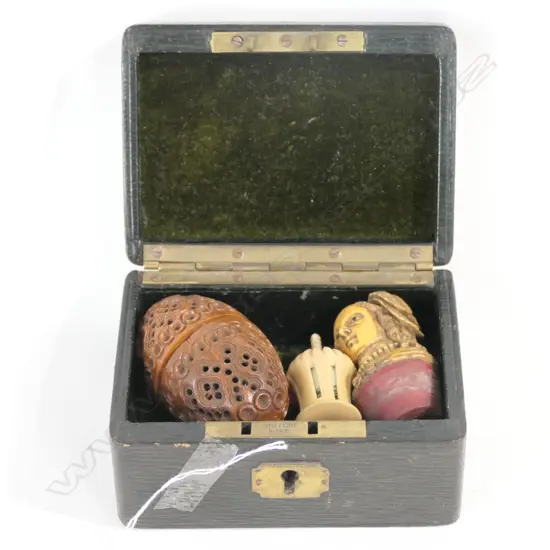 MOROCCO LEATHER WHITE STAR LINE BOX & 3 SEWING PIECES