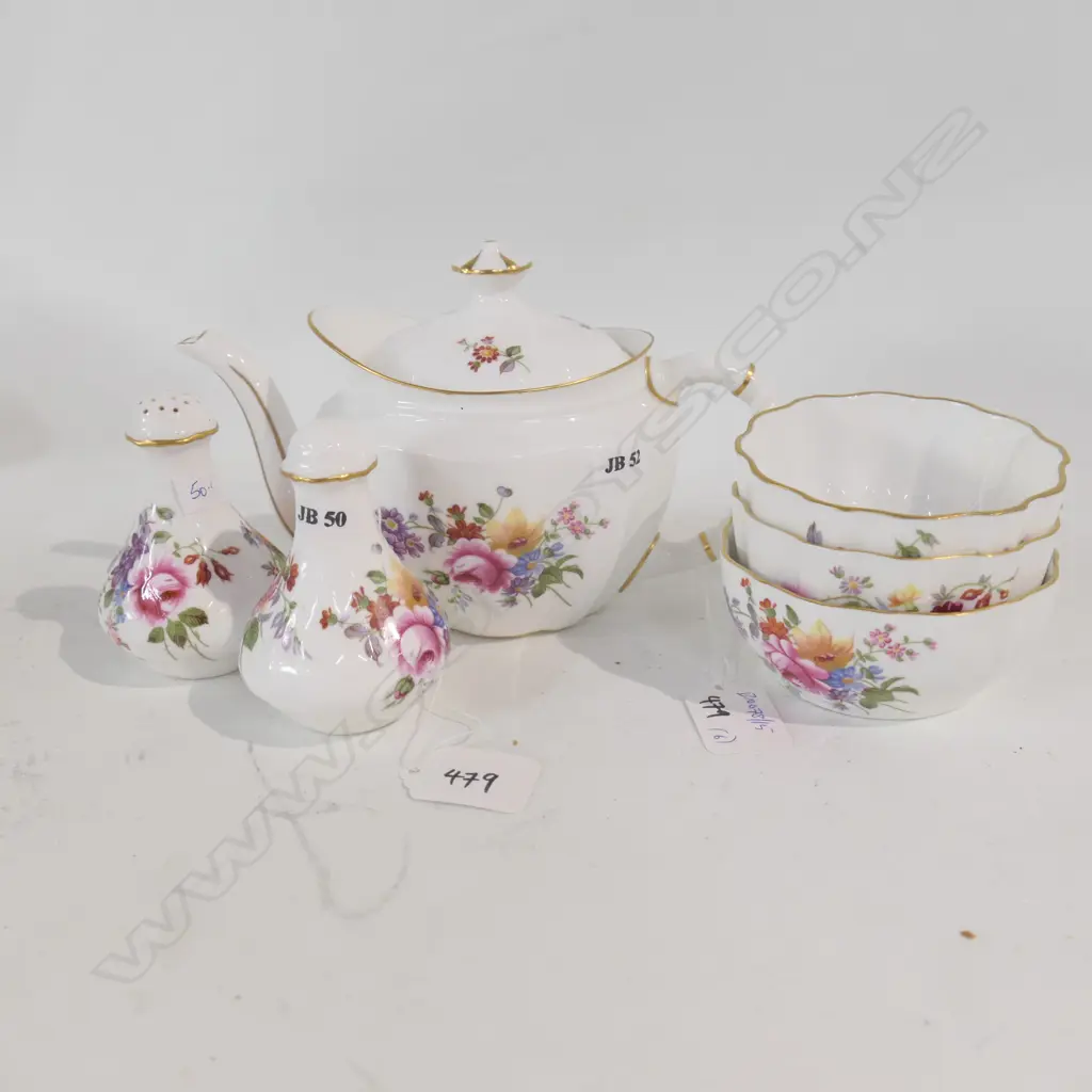 R/CROWN DERBY POSIES TEA POT 3 BOWLS + 2 CONDIMENTS Image 1++
