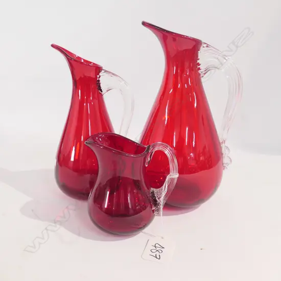 3 WHITE FRIARS RUBY GLASS JUGS H 190 MM
