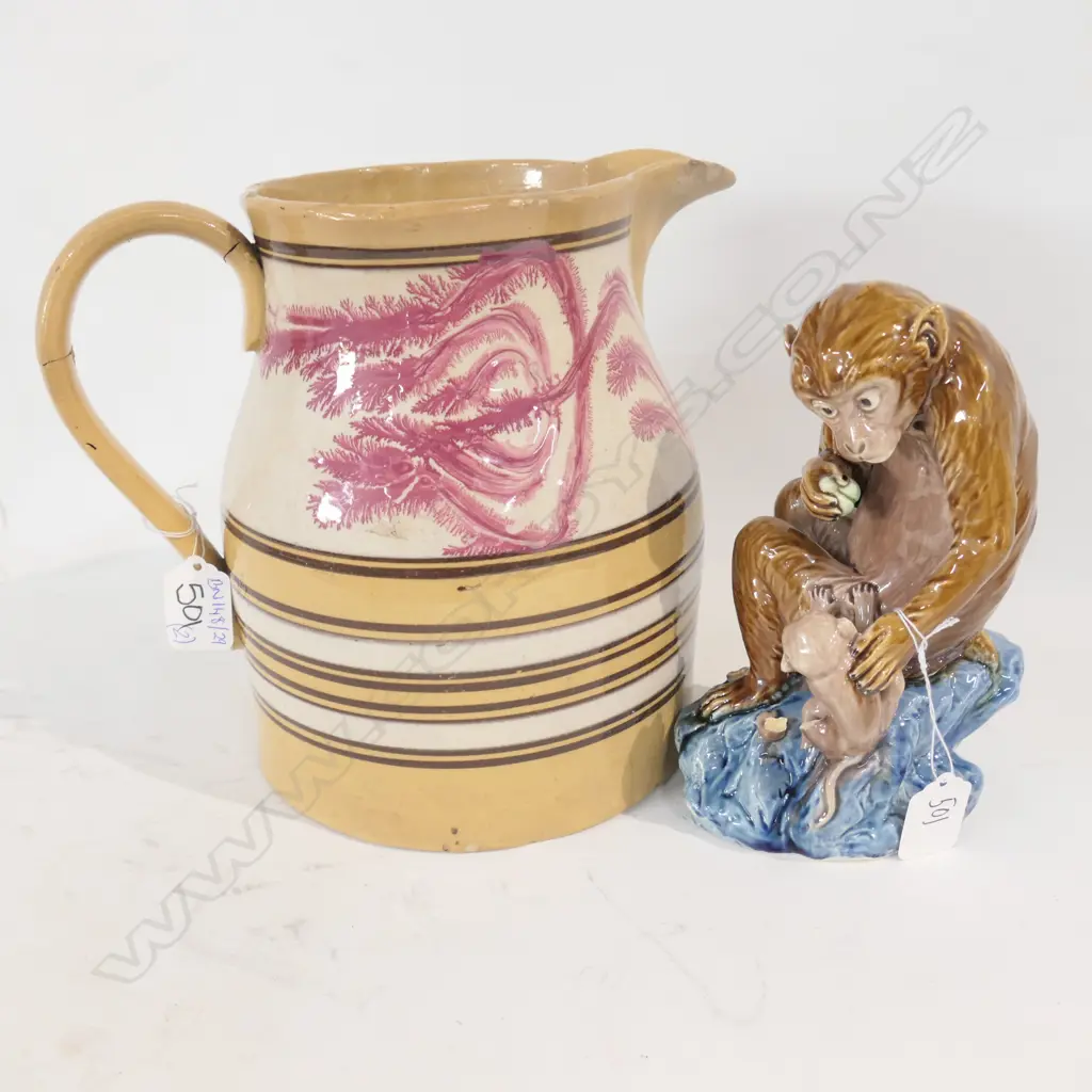 MAJOLICA MONKEY AND MOCHAWARE JUG BOTH AF Image 1++