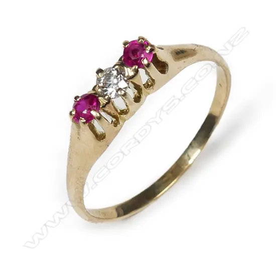 18CT GOLD SYN. RUBY AND DIAMOND RING