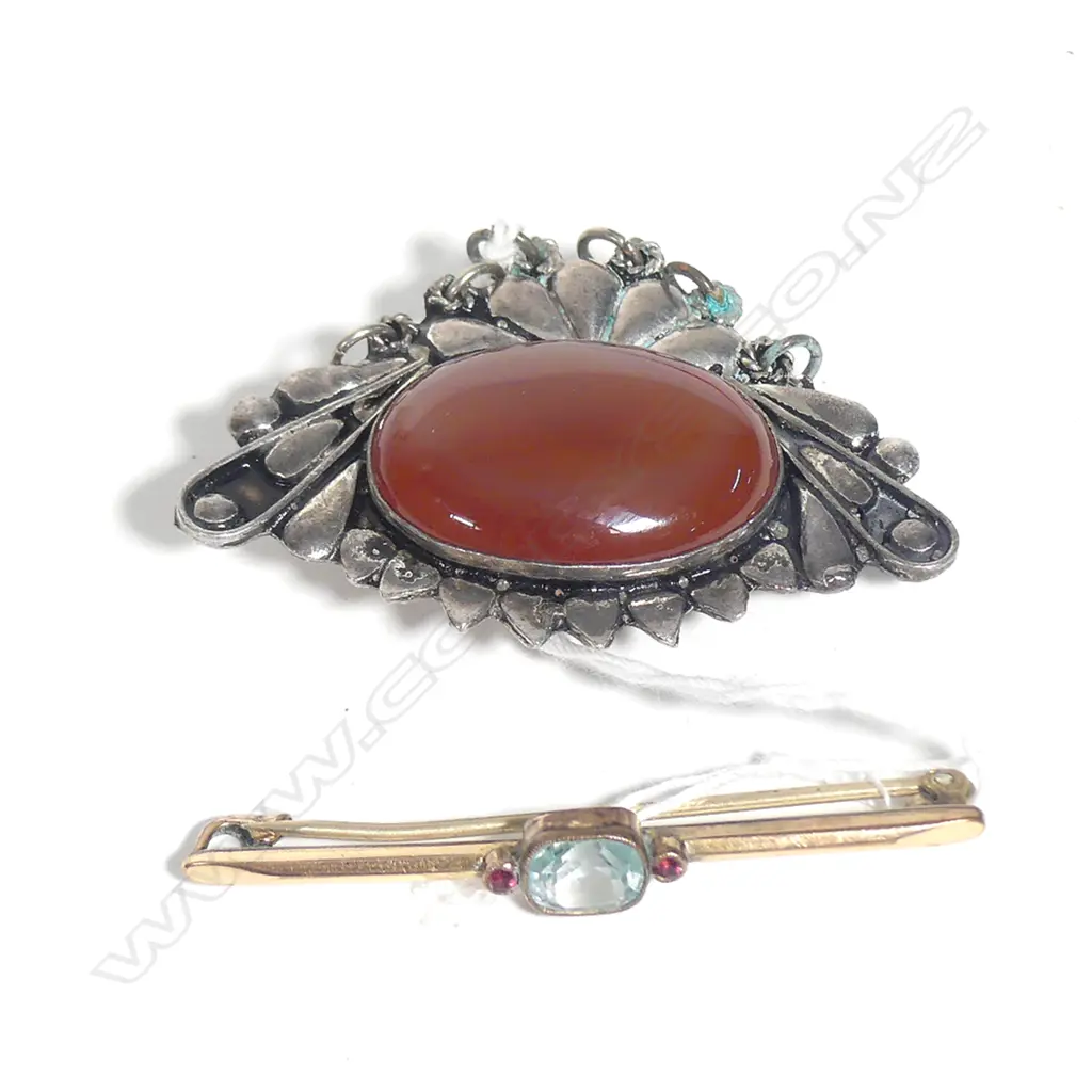 2 BROOCHES CARNELIAN 925 SIGNED+GOLD PLATED AQUAMARINE Image 1++