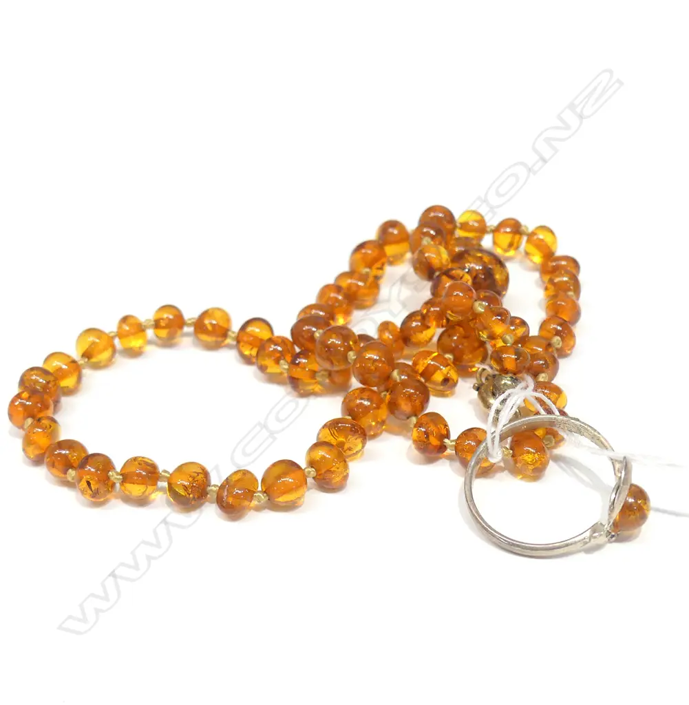 AMBER NECKLACE 925 CLASP + STG SILVER AMBER RING Image 1++